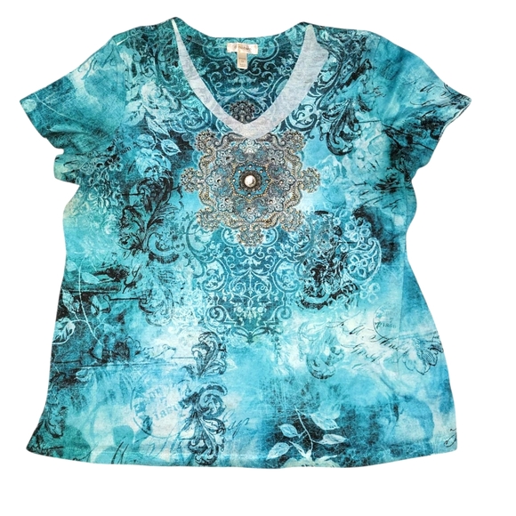 Dressbarn Green Graphic Embellished Blouse Size 1X V-neck - Picture 1 of 6